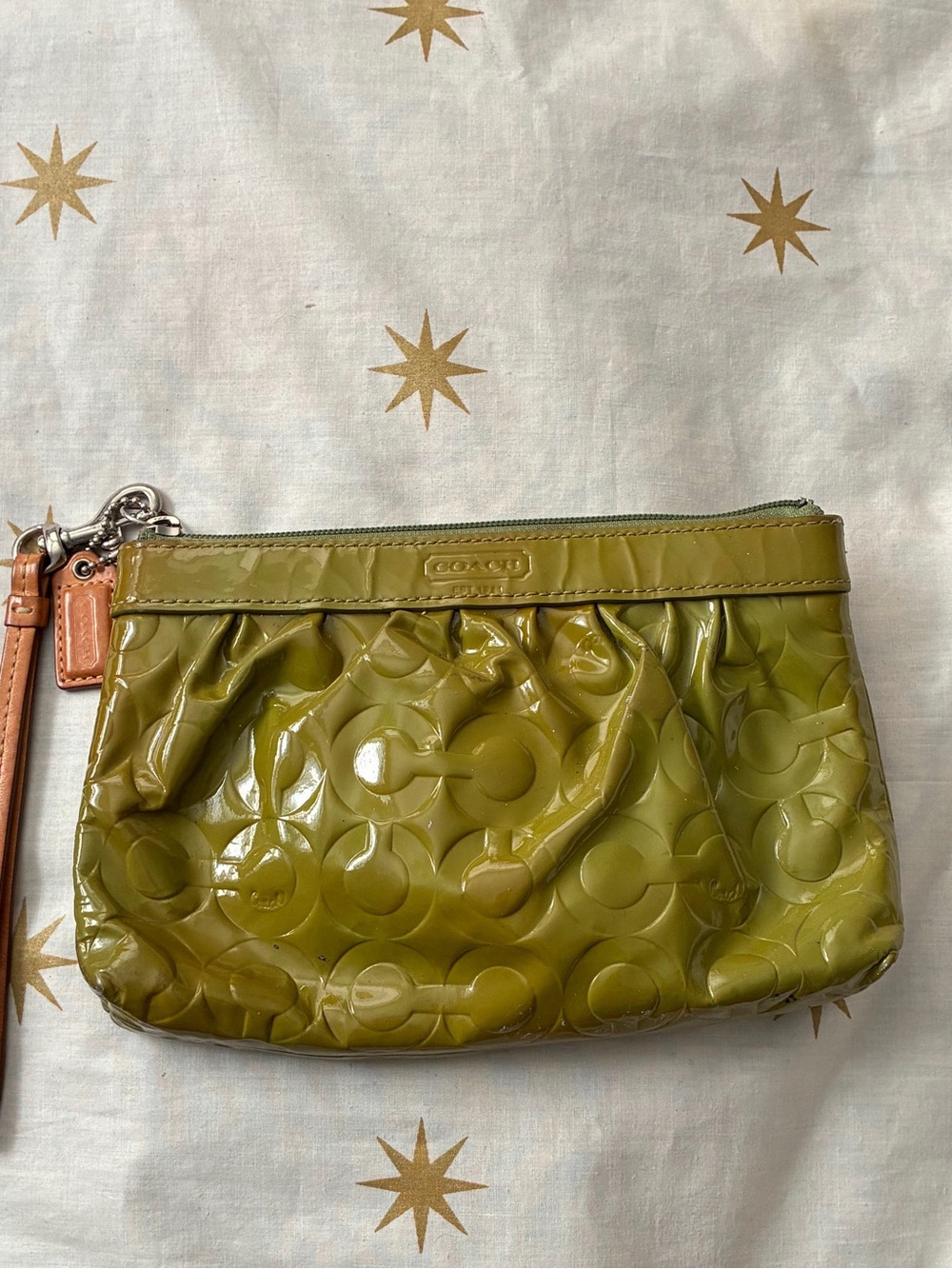 Coach Embossed Logo Patent Leather Wristlet Olive Green - Picture 14 of 14